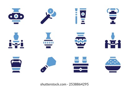 Pottery icon set. Bold style. Duotone colors. pottery, exhibition, vase, paint, tool, knife.