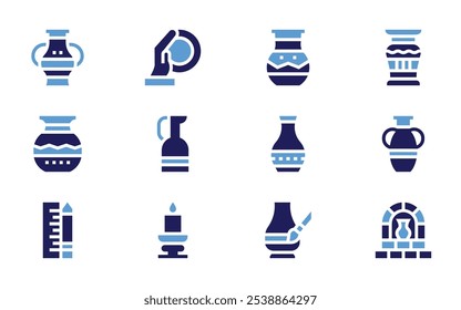 Pottery icon set. Bold style. Duotone colors. pottery, ceramics, vase, furnace, measuring, candlestick, jar.