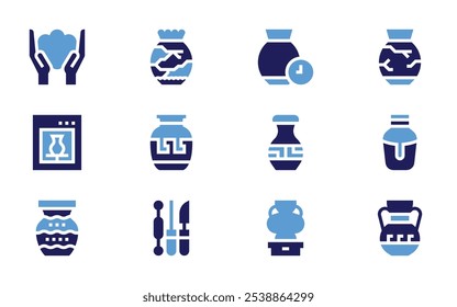 Pottery icon set. Bold style. Duotone colors. pottery, amphora, mold, electric, time, kintsugi, broken, ceramic, vase, tools.