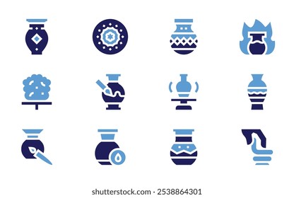 Pottery icon set. Bold style. Duotone colors. porcelain, clay, ceramic, ceramics, pottery, modeling, amphora, humidity.