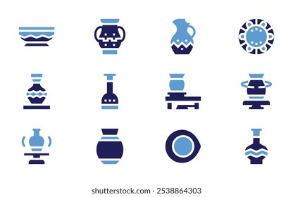 Pottery icon set. Bold style. Duotone colors. plate, pottery, vase.