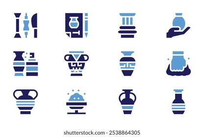 Pottery icon set. Bold style. Duotone colors. pillar, ceramic, pottery, pot, clay, paint, plans, vase, amphora, clay crafting.