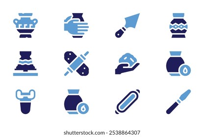 Pottery icon set. Bold style. Duotone colors. clay crafting, amphora, roller, clay, platter, humidity, warm, tool, spatula, pottery, ceramic, vase.