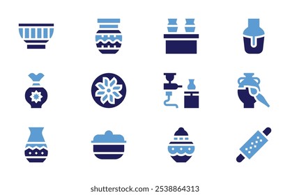 Pottery icon set. Bold style. Duotone colors. ceramics, spray, clay, rolling, jar, bowl, earthenware, pottery, vase.