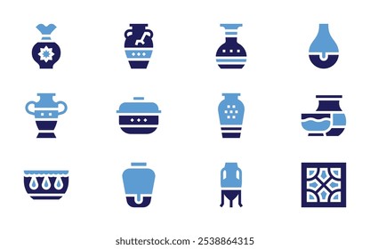 Pottery icon set. Bold style. Duotone colors. ceramics, pottery, amphora, vase, earthenware, wall.