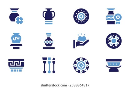 Pottery icon set. Bold style. Duotone colors. bowl, dish, pottery, ceramic, brushes, time, award, ceramics, clay crafting.