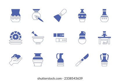 Pottery icon set. Duotone style line stroke and bold. Vector illustration. Containing pottery, ceramic, putty knife, vase, plates, mortar, clay, jar, scalpel, amphora.