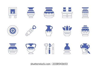 Pottery icon set. Duotone style line stroke and bold. Vector illustration. Containing spray, vase, pottery, dish, trimming, jug, ceramic, pot, tools.