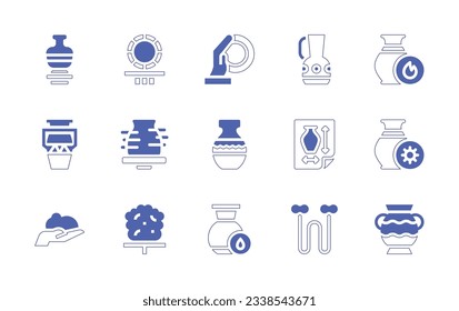 Pottery icon set. Duotone style line stroke and bold. Vector illustration. Containing pottery, plate, jar, burning, vase, ceramic, blueprint, drying, clay, humidity, wire.