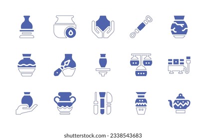 Pottery icon set. Duotone style line stroke and bold. Vector illustration. Containing pottery, damp, ceramics, loop, broken, vase, chandeliers, electric, ceramic, ancient, teapot.