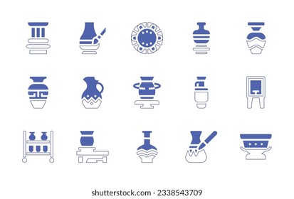 Pottery icon set. Duotone style line stroke and bold. Vector illustration. Containing pillar, pottery, plate, pot, ceramic, spray, trolley, painting.