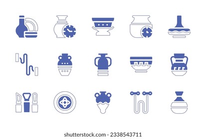Juego de iconos de la alfarería. Curso de línea de estilo duotónico y negrita. Ilustración vectorial. Conteniendo cerámica, secado, tarro, alambre, ánfora, cerámica, tazón, herramientas, placa, jarrón.