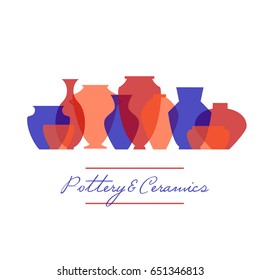 Pottery icon set. Stock vector illustration of classic pot, jar, vase and bowl in one line on white background.