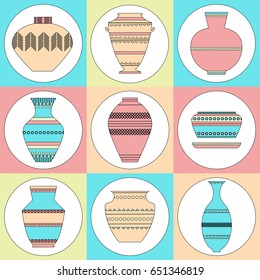 Pottery icon set. Stock vector illustration of classic pot and bowl. Handmade decorated ceramic vase and jar.