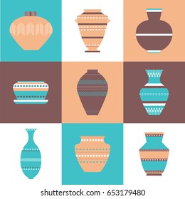 Pottery icon set. Stock vector illustration of classic pot and bowl. Handmade decorated ceramic vase and jar. Flat style