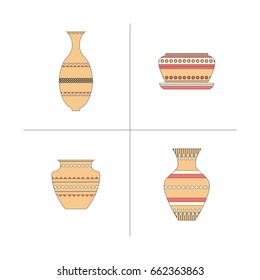 Pottery icon set. Stock vector illustration of classic pot and bowl. Handmade decorated ceramic vase and jar.