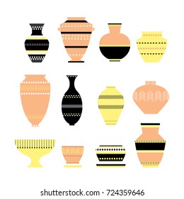 Pottery icon set. Stock vector illustration of classic pot and bowl. Handmade decorated ceramic vase and jar. Flat style
