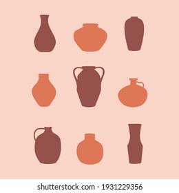 Pottery icon set in trendy terracotta colors. Ancient  ceramic vase collection in flat style. 