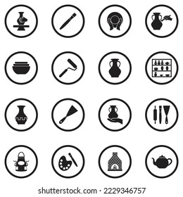 Pottery Icons. Black Flat Design In Circle. Vector Illustration.