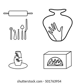 Pottery icons for ceramic workshop studio or art classes. Isolated vector, black and white. 