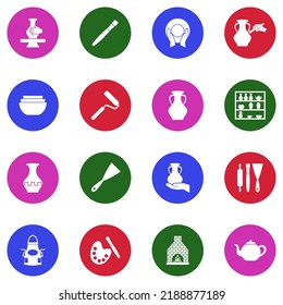 Pottery Icons. White Flat Collection In Circle. Vector Illustration.