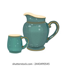 Pottery isolated on white background. Ceramic jug and mug. Clay pitcher and cup. Old porcelain tableware. Vintage earthenware or terracotta utensil set. Rustic crockery. Stock vector illustration