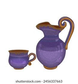 Pottery isolated on white background. Ceramic jug and mug. Clay pitcher and cup. Old porcelain tableware. Vintage earthenware or terracotta utensil set. Rustic crockery. Stock vector illustration