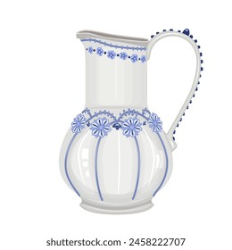 Pottery isolated on white background. Ceramic pitcher. Clay old jug. Earthen pot or carafe. Earthenware vessel or decanter.Fictile tableware.Rustic white utensil.Porcelain crockery.Vector illustration