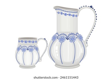 Pottery isolated on white background. Ceramic jug and mug. Clay pitcher and cup. Old porcelain tableware. Vintage earthenware or terracotta utensil set. Rustic crockery. Stock vector illustration