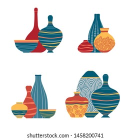 Pottery kitchenware, vases, clay bowls and pots isolated on white.  Ceramic jugs and vases. Decorative elements collection of vases for your interior design. Flat vector set