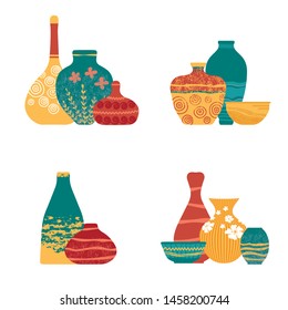 Pottery kitchenware, vases, clay bowls and pots isolated on white.  Ceramic jugs and vases. Decorative elements collection of vases for your interior design. Flat vector set