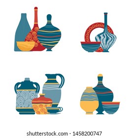 Pottery kitchenware, vases, clay bowls and pots isolated on white.  Ceramic jugs and vases. Decorative elements collection of vases for your interior design. Flat vector set