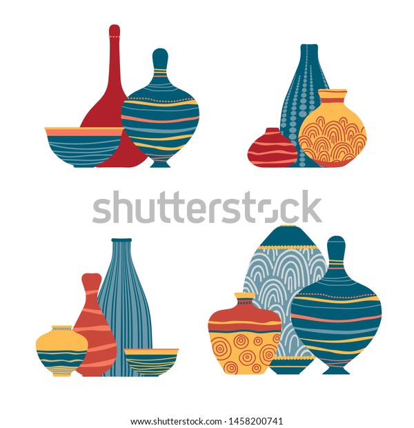 Pottery Kitchenware Vases Clay Bowls Pots Stock Vector Royalty