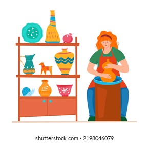 Pottery and leisure - modern colored vector poster on white background with woman sculpting a beautiful vase from clay. Handicraft, art and entertainment. Vase, plate, jug and sculpture idea