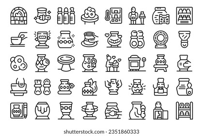 Pottery lessons icons set outline vector. Woman people. Hobby work