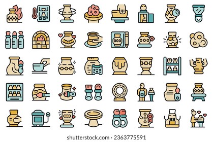 Los iconos de lecciones de alfarería establecen el vector de contorno. Mujeres. Trabajar en hobby color de línea delgada plano sobre blanco aislado