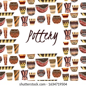 Pottery lessons. Square card with flat clay vases and pots with a boho pattern and place for text on  white background. Vector template for invitation, diploma, banner, poster and your design.