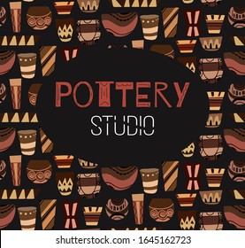Pottery lessons. Square placart. Flat clay vases and pots with boho pattern on a dark background. Vector template for invitations, diplomas, banners and your design.