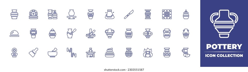 Pottery line icon collection. Editable stroke. Vector illustration. Containing vase, plates, paint, pottery, pot, clay, scalpel, tiles, painting, ceramic, amphora, putty knife, mortar, wire, ceramics.