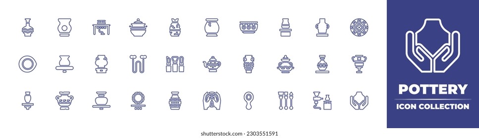 Pottery line icon collection. Editable stroke. Vector illustration. Containing pottery, vase, pot, ceramic, dish, wire, tools, teapot, plate, adornment, modeling, spoon, brushes, spray, ceramics.