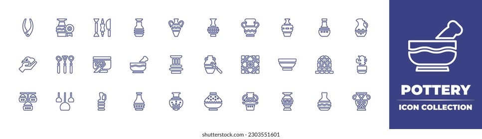 Pottery line icon collection. Editable stroke. Vector illustration. Containing tool, award, pottery, vase, ancient, clay, tools, ceramics, mortar, pillar, tile, bowl, furnace, flowerpot, chandeliers.