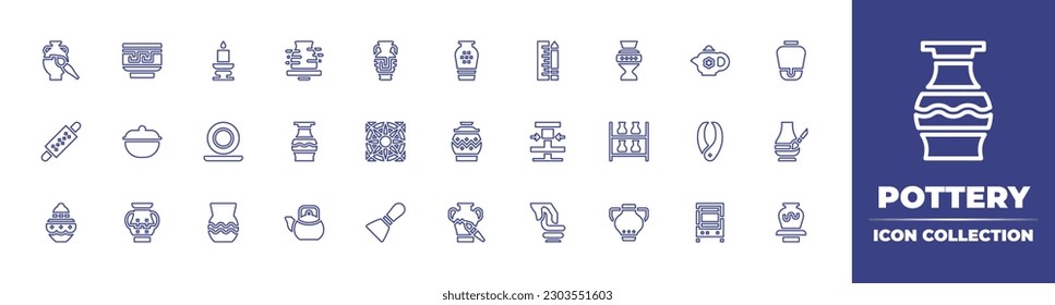 Pottery line icon collection. Editable stroke. Vector illustration. Containing clay, ceramics, candlestick, ceramic, vase, measuring, pottery, rolling, earthenware, dishes, pot, wheel, drying.
