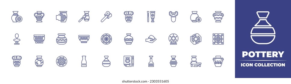 Pottery line icon collection. Editable stroke. Vector illustration. Containing drying, vase, craft, tool, amphora, paint, warm, sculpture, bowl, pottery, dish, clay, ceramic, ceramics, tiles, broken.