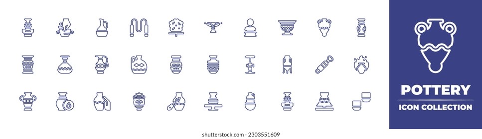 Pottery line icon collection. Editable stroke. Vector illustration. Containing pottery, craft, jug, cutting, clay, greek vase, sculpture, ceramics, amphora, vase, trimming, burning, humidity, clay.