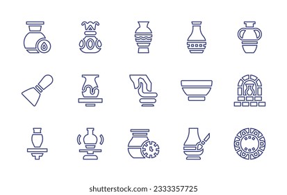 Pottery line icon collection. Editable stroke. Vector illustration. Containing humidity, vase, amphora, putty knife, pottery, modeling, bowl, furnace, plate.