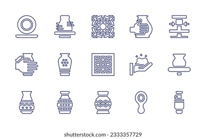 Pottery line icon collection. Editable stroke. Vector illustration. Containing dishes, pottery, wheel, ceramic, vase, wall, clay crafting, adornment, spoon.