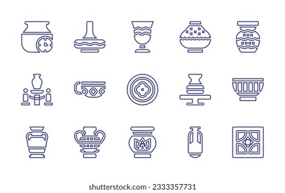 Colección de iconos de línea de cerámica. Trazo editable. Ilustración vectorial. Conteniendo secado, frasco, taza, cerámica, exposición, tazón, tazón, jarrón, vasija, vasija, azulejos.