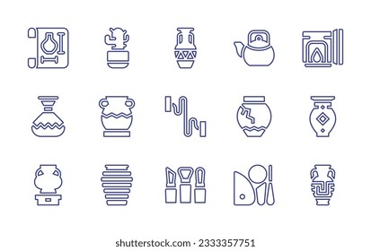 Colección de iconos de línea de cerámica. Trazo editable. Ilustración vectorial. Conteniendo planos, maceta de flores, ánfora, tetera, horno, jarrón, cerámica, alambre, adorno, porcelana, cerámica, tarro, herramientas.