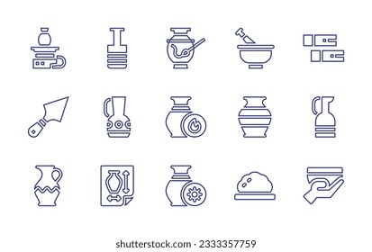 Colección de iconos de línea de cerámica. Trazo editable. Ilustración vectorial. Conteniendo limo, botella, pintura, mortero, arcilla, espátula, frasco, arder, jarrón, jarra, hojalata, plano, secado, tazón.