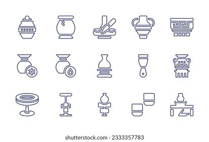 Pottery line icon collection. Editable stroke. Vector illustration. Containing pot, vase, painting, bowl, sun, humidity, pottery, putty, ceramic, potter wheel, sculpture, cups.
